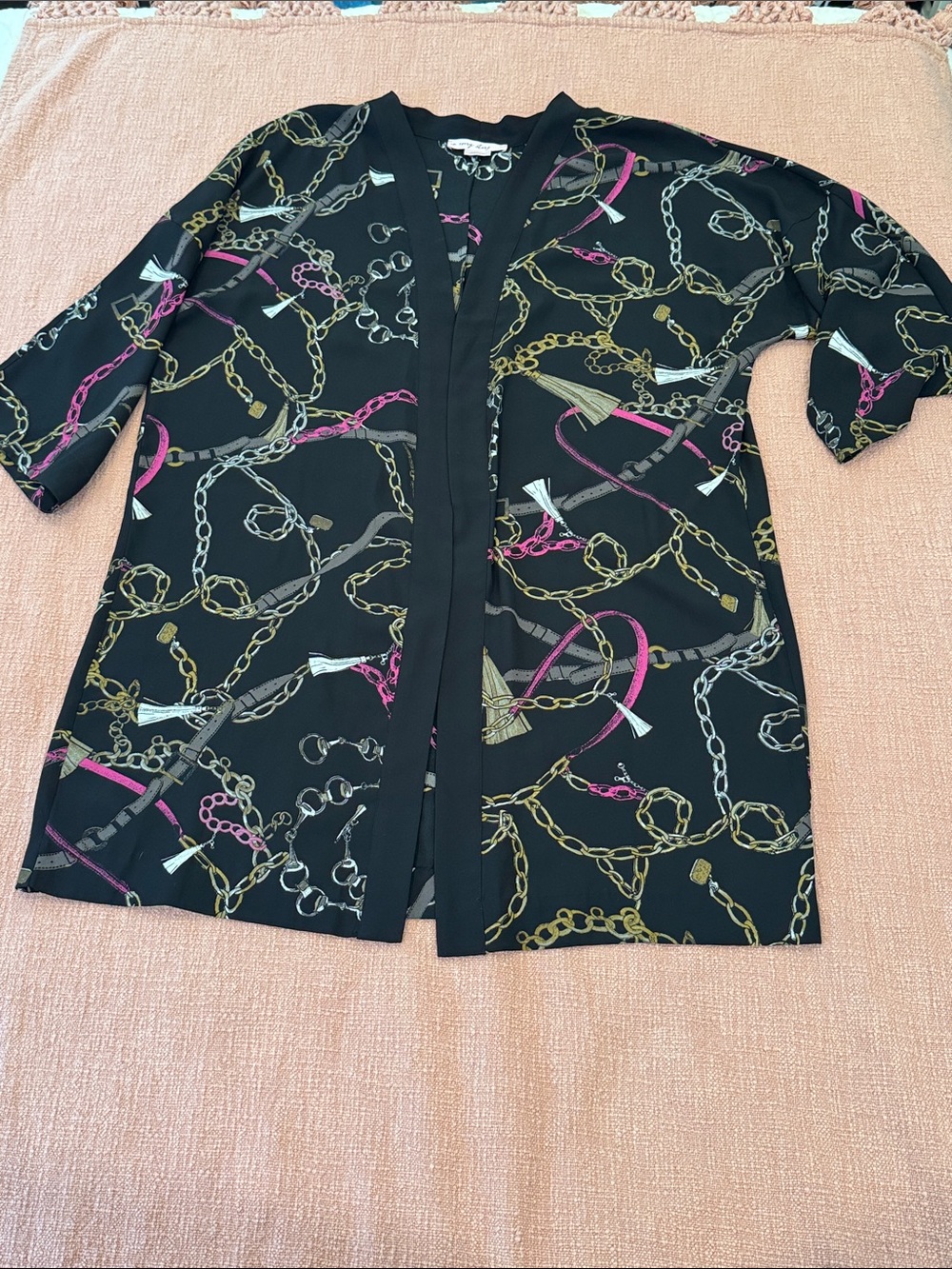 1X Chain-Print kimono style Swim Coverup / dressing gown - Pink & Gold Accents